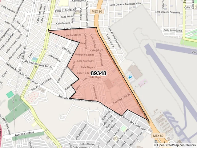 Mapa del código postal 89348, Tampico, Tamaulipas