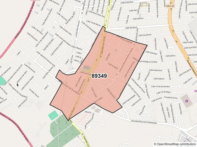 Mapa del código postal 89349, Tampico, Tamaulipas