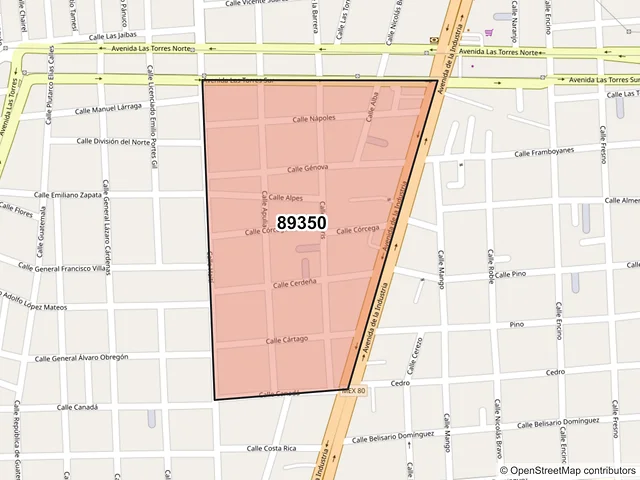 Mapa del código postal 89350, Tampico, Tamaulipas