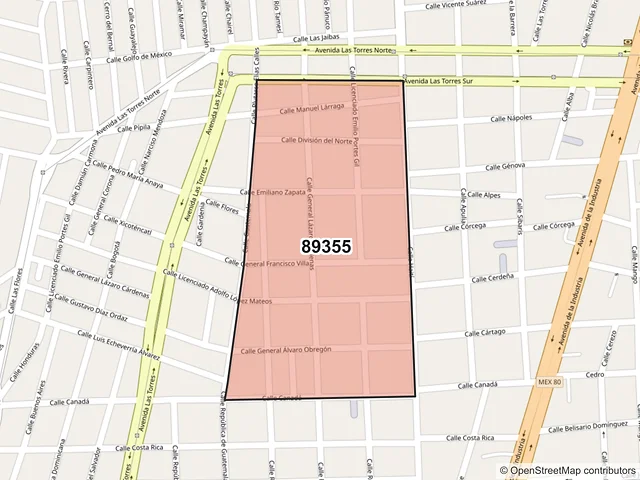 Mapa del código postal 89355, Tampico, Tamaulipas