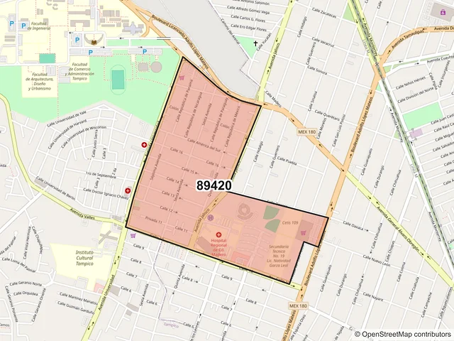 Mapa del código postal 89420, Ciudad Madero, Tamaulipas