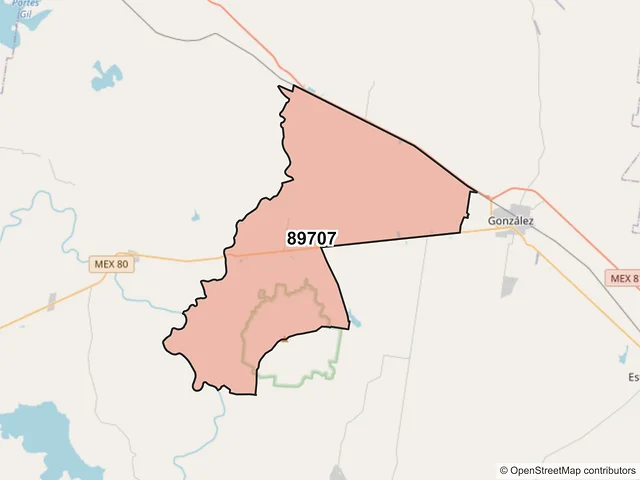 Mapa del código postal 89707, González, Tamaulipas