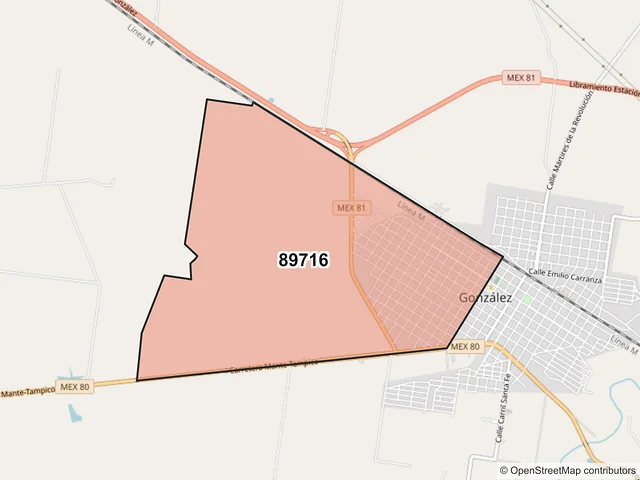 Mapa del código postal 89716, González, Tamaulipas