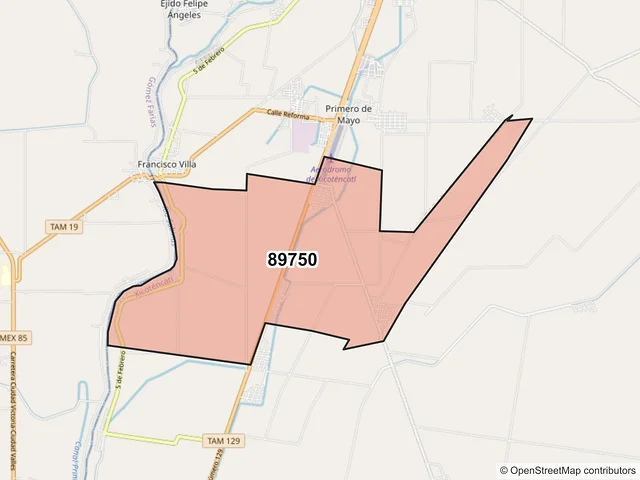 Mapa del código postal 89750, Xicoténcatl, Tamaulipas