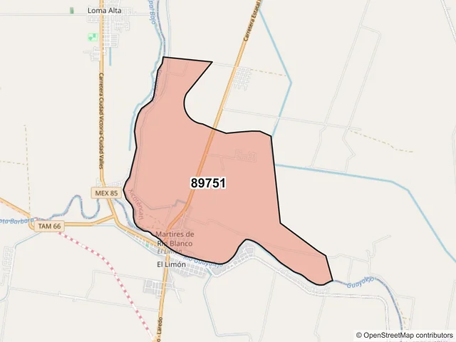 Mapa del código postal 89751, Xicoténcatl, Tamaulipas