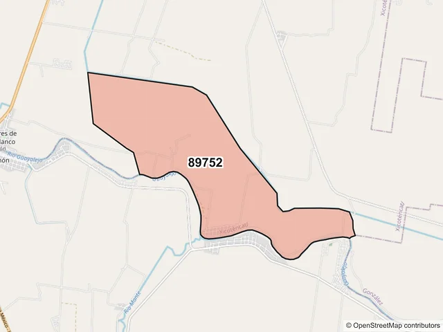 Mapa del código postal 89752, Xicoténcatl, Tamaulipas