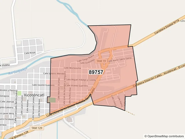 Mapa del código postal 89757, Xicoténcatl, Tamaulipas
