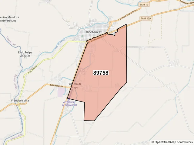Mapa del código postal 89758, Xicoténcatl, Tamaulipas