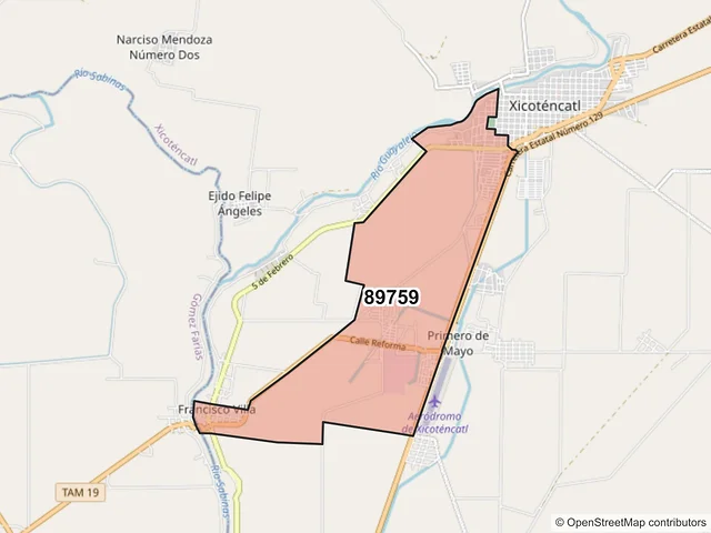 Mapa del código postal 89759, Xicoténcatl, Tamaulipas