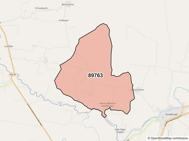 Mapa del código postal 89763, Xicoténcatl, Tamaulipas