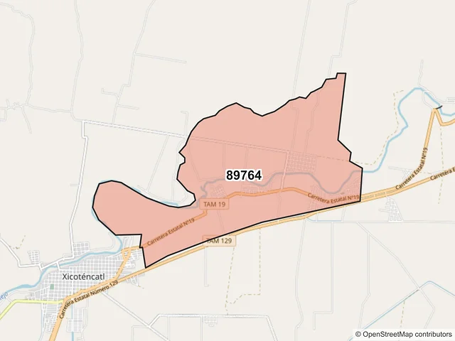 Mapa del código postal 89764, Xicoténcatl, Tamaulipas