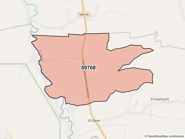 Mapa del código postal 89768, Xicoténcatl, Tamaulipas