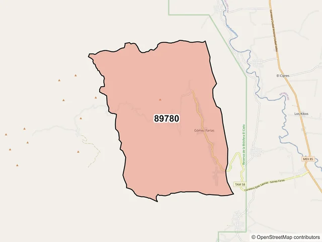 Mapa del código postal 89780, Gómez Farías, Tamaulipas