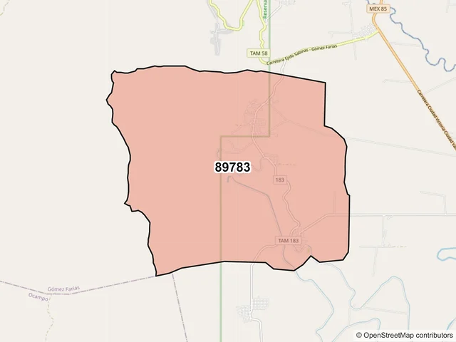 Mapa del código postal 89783, Gómez Farías, Tamaulipas