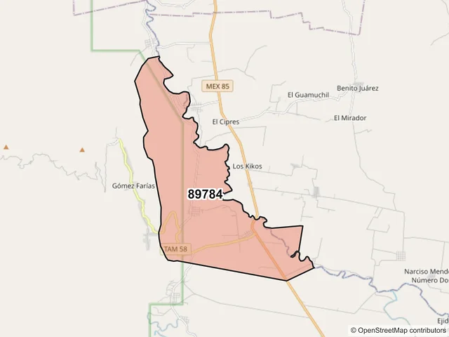 Mapa del código postal 89784, Gómez Farías, Tamaulipas
