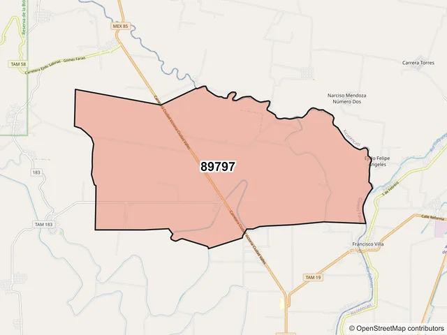 Mapa del código postal 89797, Gómez Farías, Tamaulipas