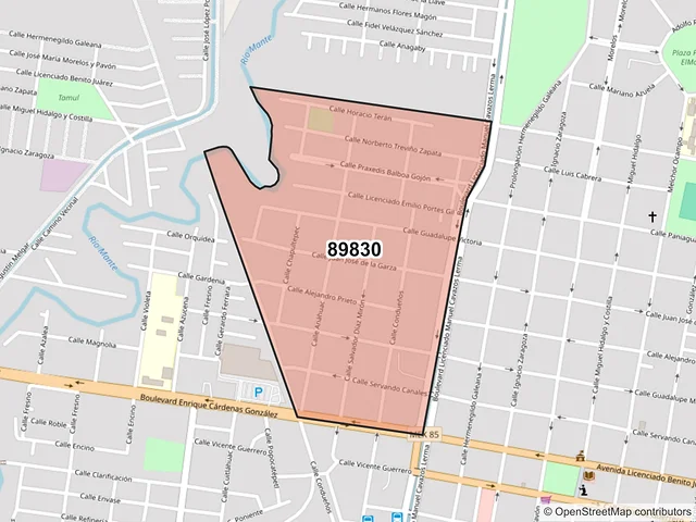 Mapa del código postal 89830, El Mante, Tamaulipas