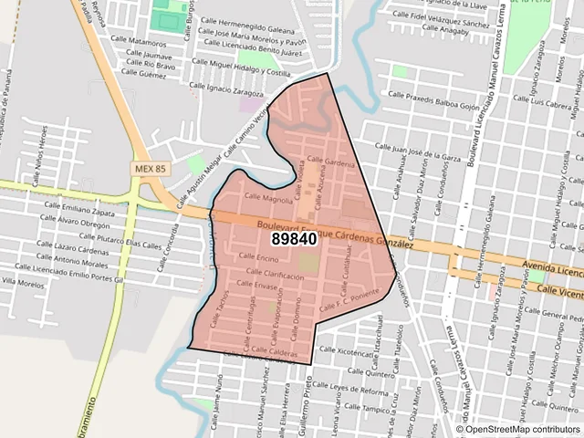 Mapa del código postal 89840, El Mante, Tamaulipas
