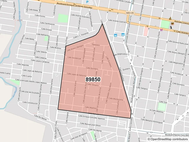 Mapa del código postal 89850, El Mante, Tamaulipas