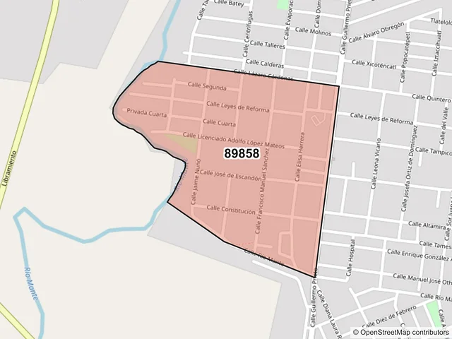 Mapa del código postal 89858, El Mante, Tamaulipas