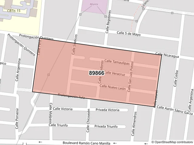 Mapa del código postal 89866, El Mante, Tamaulipas