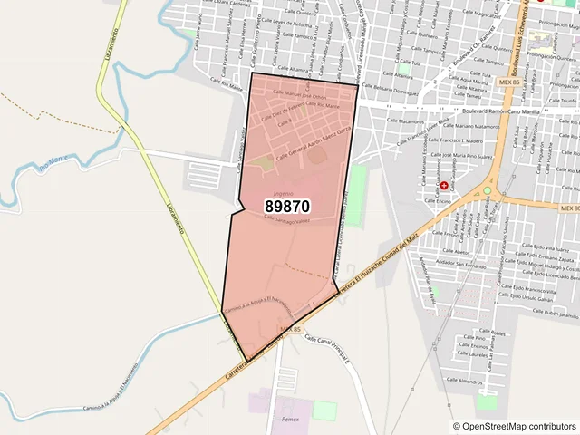 Mapa del código postal 89870, El Mante, Tamaulipas