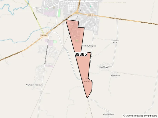 Mapa del código postal 89885, El Mante, Tamaulipas