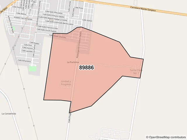 Mapa del código postal 89886, El Mante, Tamaulipas