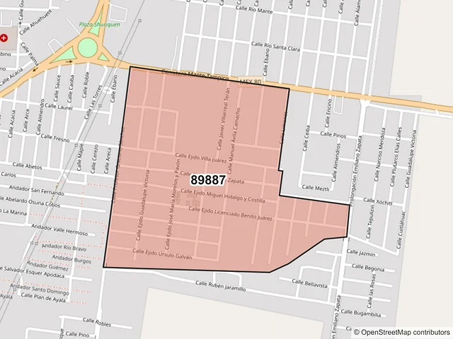 Mapa del código postal 89887, El Mante, Tamaulipas