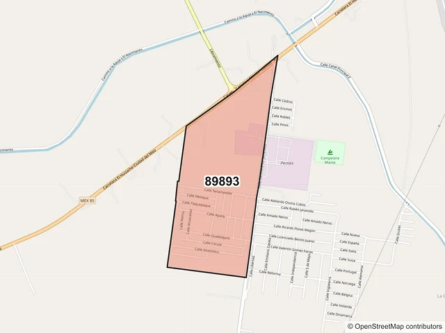 Mapa del código postal 89893, El Mante, Tamaulipas