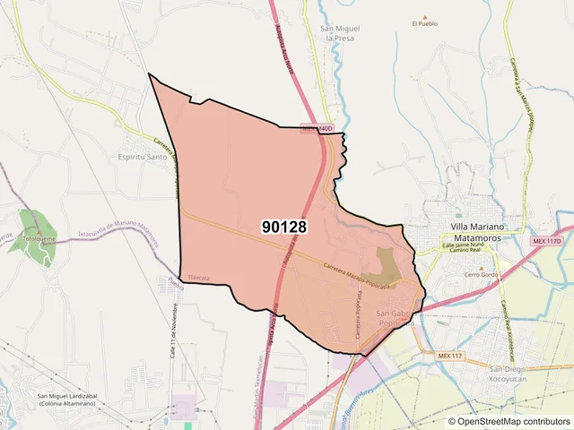 Mapa del código postal 90128, Ixtacuixtla de Mariano Matamoros, Tlaxcala