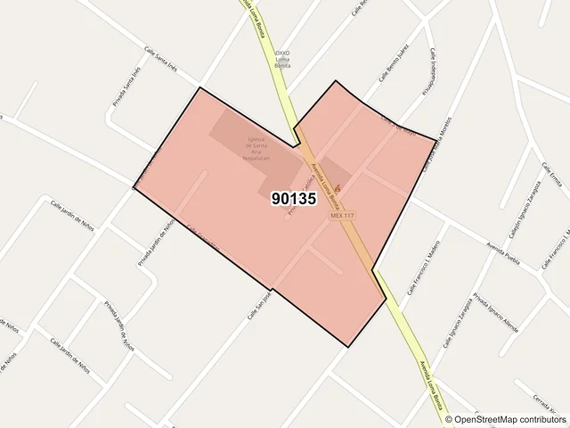 Mapa del código postal 90135, Santa Ana Nopalucan, Tlaxcala