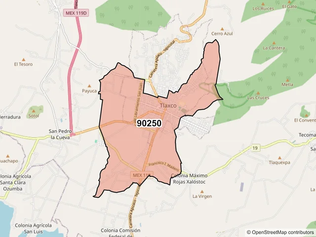 Mapa del código postal 90250, Tlaxco, Tlaxcala