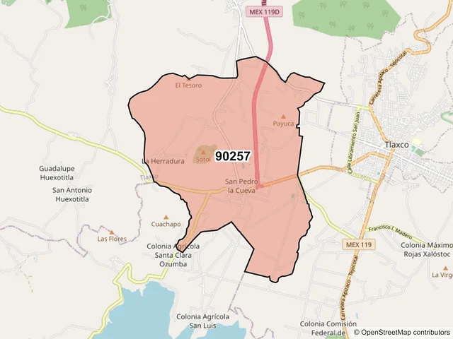 Mapa del código postal 90257, Tlaxco, Tlaxcala