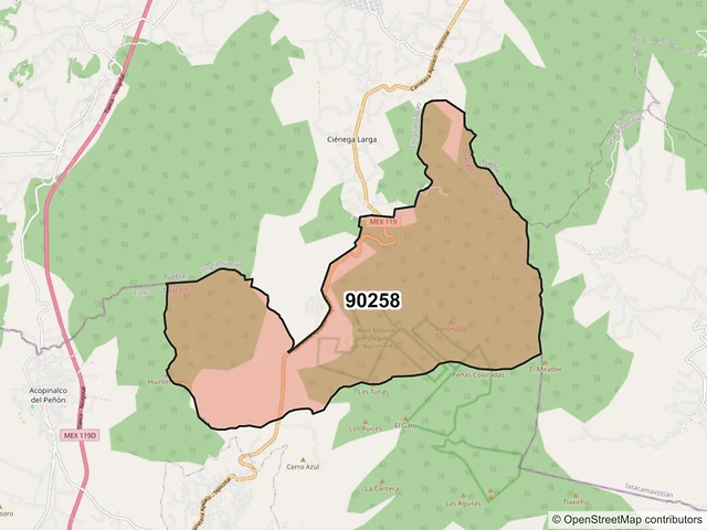 Mapa del código postal 90258, Tlaxco, Tlaxcala