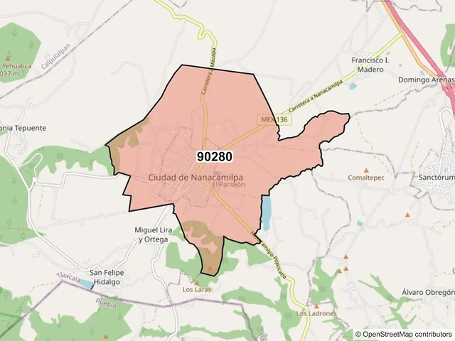 Mapa del código postal 90280, Nanacamilpa de Mariano Arista, Tlaxcala