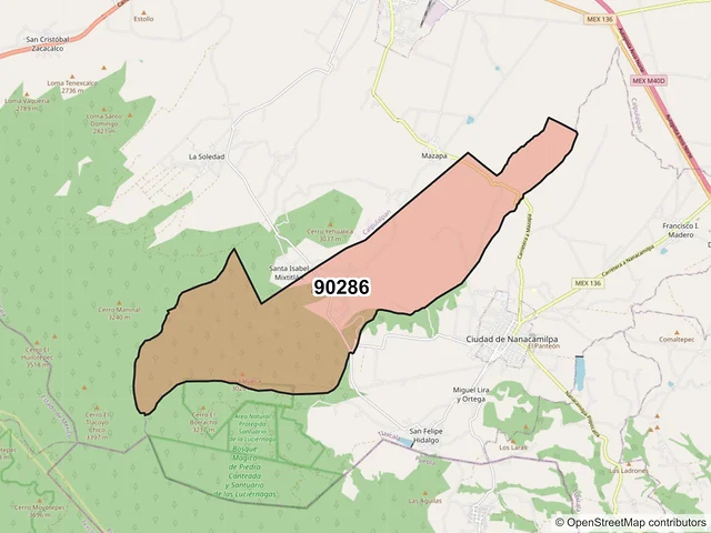 Mapa del código postal 90286, Nanacamilpa de Mariano Arista, Tlaxcala