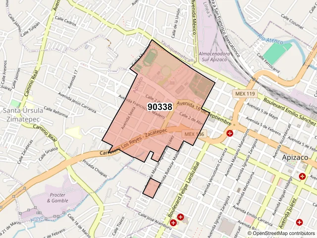 Mapa del código postal 90338, Apizaco, Tlaxcala