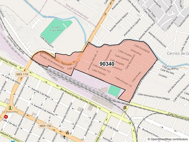 Mapa del código postal 90340, Apizaco, Tlaxcala