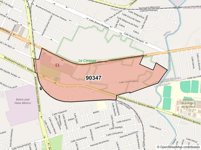 Mapa del código postal 90347, Apizaco, Tlaxcala