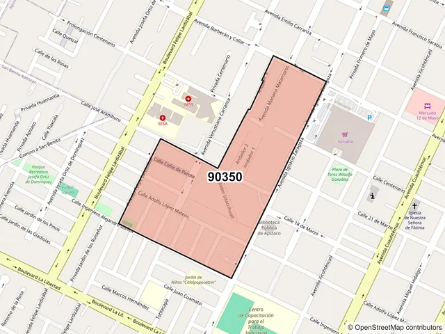 Mapa del código postal 90350, Apizaco, Tlaxcala