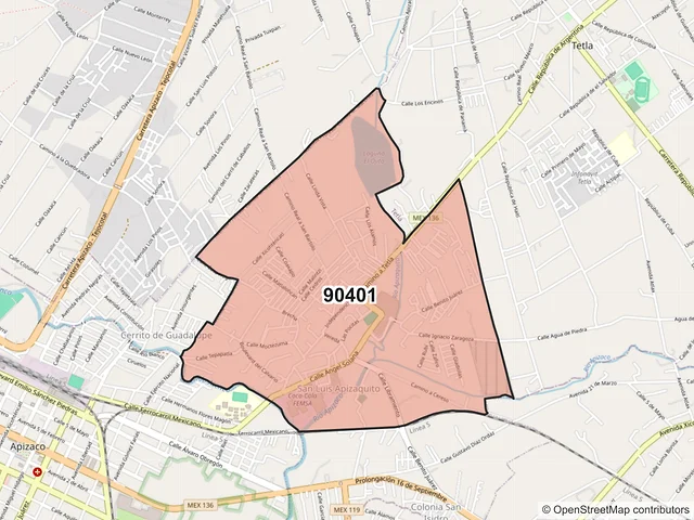 Mapa del código postal 90401, Apizaco, Tlaxcala