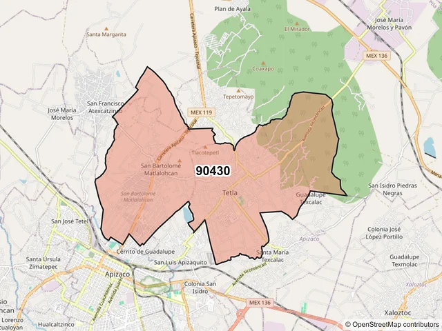 Mapa del código postal 90430, Tetla de la Solidaridad, Tlaxcala