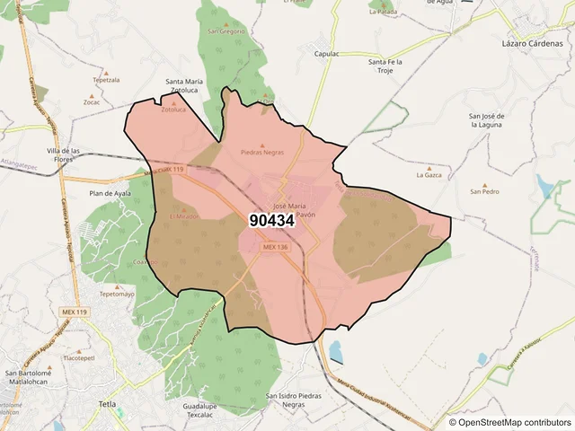 Mapa del código postal 90434, Tetla de la Solidaridad, Tlaxcala