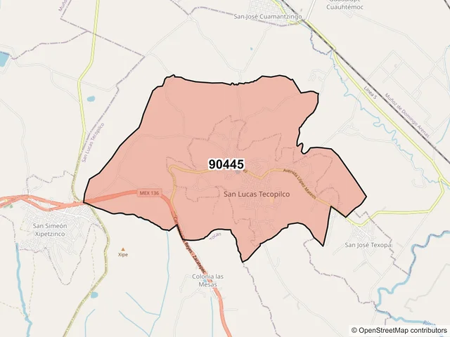 Mapa del código postal 90445, San Lucas Tecopilco, Tlaxcala