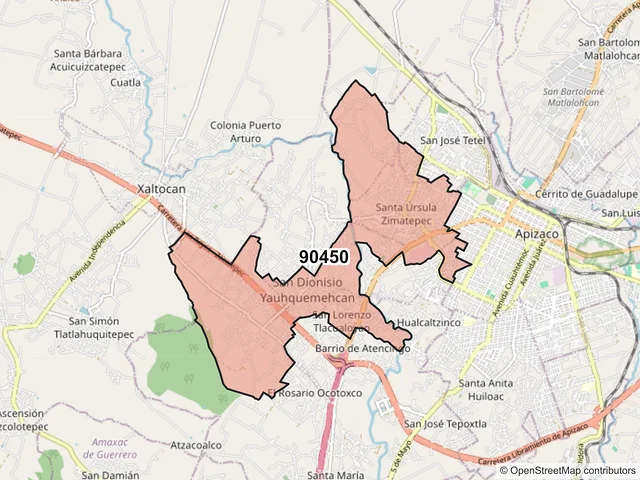 Mapa del código postal 90450, Yauhquemehcan, Tlaxcala