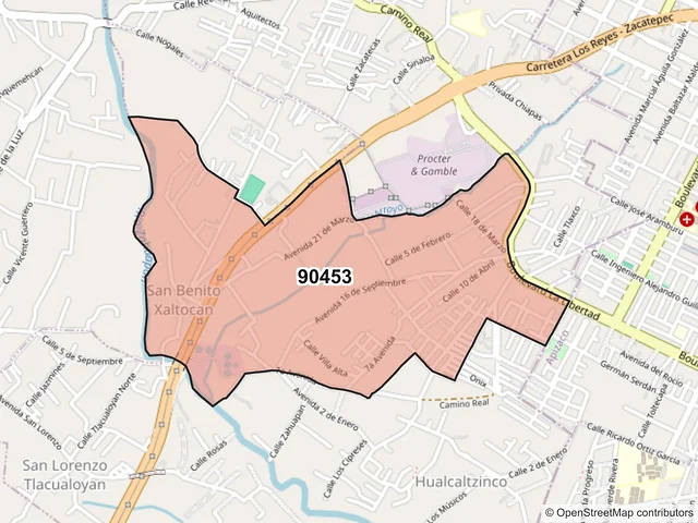 Mapa del código postal 90453, Yauhquemehcan, Tlaxcala