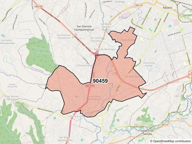 Mapa del código postal 90459, Yauhquemehcan, Tlaxcala