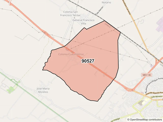 Mapa del código postal 90527, Huamantla, Tlaxcala