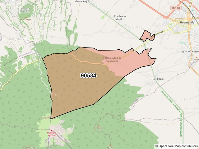 Mapa del código postal 90534, Huamantla, Tlaxcala